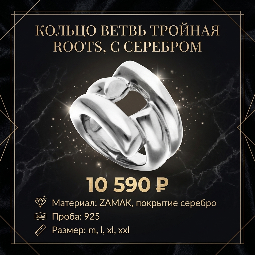 Кольцо Ветвь тройная ROOTS, с серебром