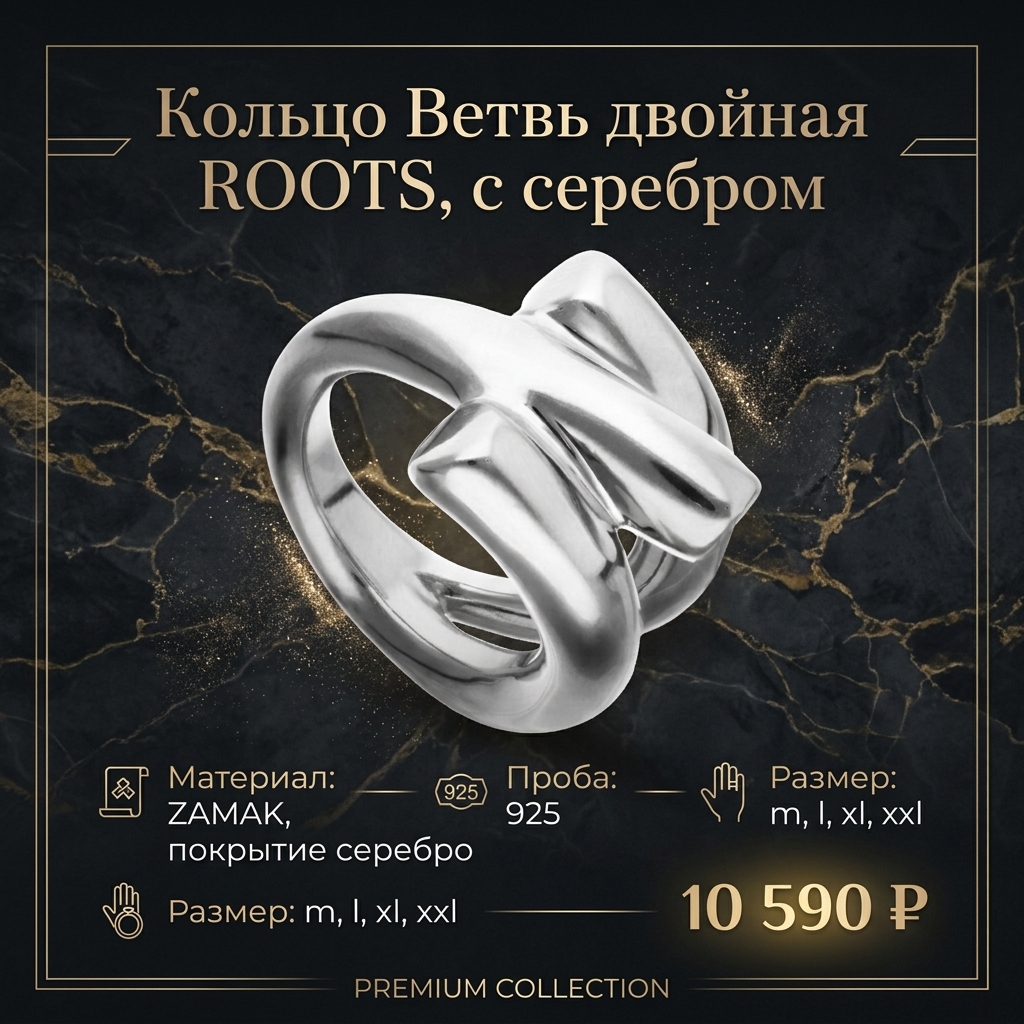 Кольцо Ветвь двойная ROOTS, с серебром