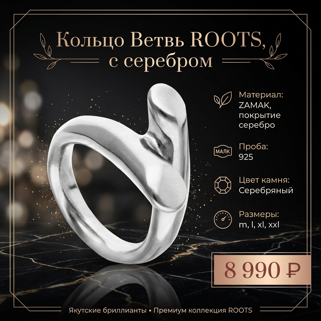 Кольцо Ветвь ROOTS, с серебром
