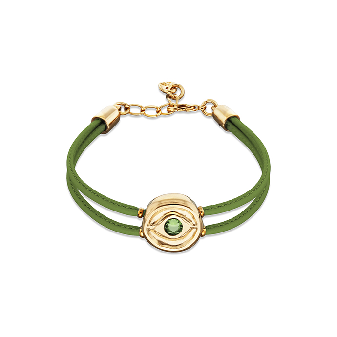 Кожаный браслет глаз Ser Intuitiva с зеленым кристаллом, с золотом